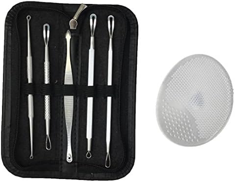 5 Piece Face Care Stainless Steel Blackhead Whitehead Removal Tools Kit with Organized Case And Bundled With Silicone Face Scrub.