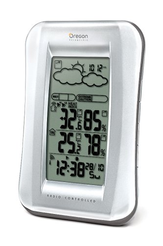 Oregon Scientific BAR688HGA Wireless Weather Station with Temperature/Humidity Display and Self- Setting Atomic Clock, White/Silver