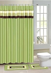 15PC SAGE GREEN STRIPE BATHROOM CONTOUR BATH MAT SET RUG SHOWER CURTAIN RINGS #3