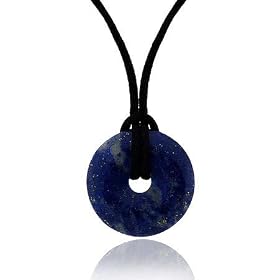Sterling Silver .925 Genuine Denim Lapis Stone Disc Black Silk Cord Necklace... by 