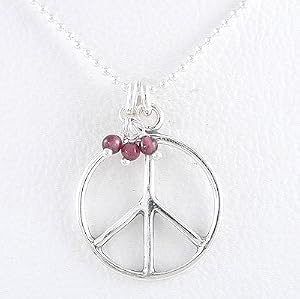 Peace Symbol Pendant with Garnet Accents in Sterling Silver on a 20" Ball Chain, #8406