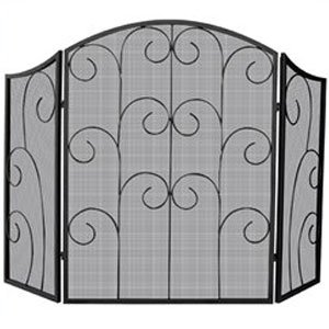 Three Panel Black Iron Fireplace Screen With Scrolled Detail