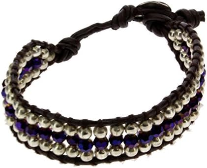 Purple &amp; Silver Beaded Alloy Bracelet Wrist Jewelry Waxed Wristband Bali Jewelry