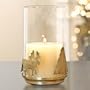 Antique Brass Moose & Tree Pillar Candle Holder with Glass Hurri