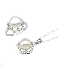 Sterling Silver Pearls and 2.5 CTW Cubic Zirconias Ladies Jewelry Set. Ring Size 6. Length 18 in. Total Item weight 3.7 g.
