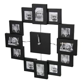 Designer Habitat - Family Time Photo Frame Clock Brushed Aluminium Black, Holds 12 Photos