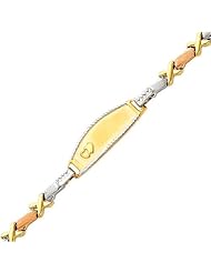 14K 3 Tri-color Diamond Cut Stampato XOXO Oval ID Bracelet with Lobster Claw Clasp - 6" Inches