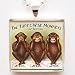 Three Monkeys Vintage print Art Glass Tile Pendant Necklace with chain