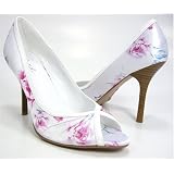 White Satin Peep-toe Wedding Pumps Pink Roses