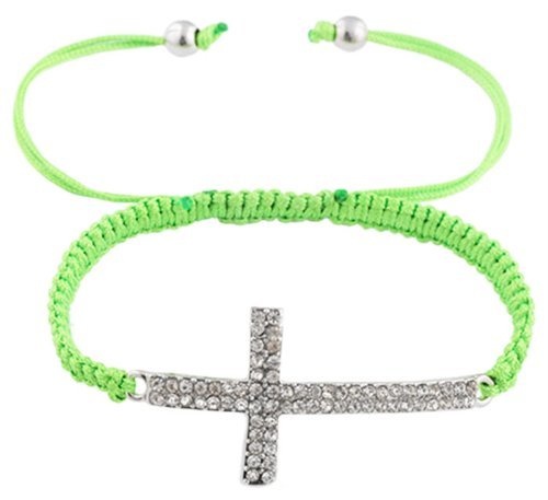 2 Pieces of Green Lace Style Iced Out Cross Bracelet with Beaded Disco Balls Macrame Shamballah