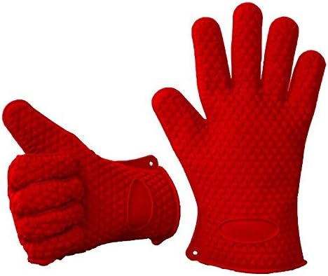 Kitchen &amp; BBQ Gloves ~ High Temperature Heat Resistant Non-slip Silicone ~ -40 to 450 Degrees Fahrenheit ~ FDA Grade Silicone ~ Dishwasher Safe &amp; Easier to Clean Than Oven Mitts ~ 5 Finger Non-slip Easy-hold-grip ~ Use As Pot Holders ~ Stain Resistant ~ Odor Resistant ~ Use for Grilling ~ Hot Pots &amp; Pans on the Stove ~ High-temp Ovens ~ Meat Smokers &amp; Canning. Red Pair
