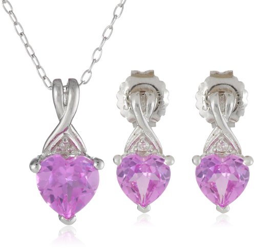 Sterling Silver Created Pink Sapphire with Diamond-Accent Heart Earring and Pendant Boxed Gift Set, G-H Color, I3 Clarity)