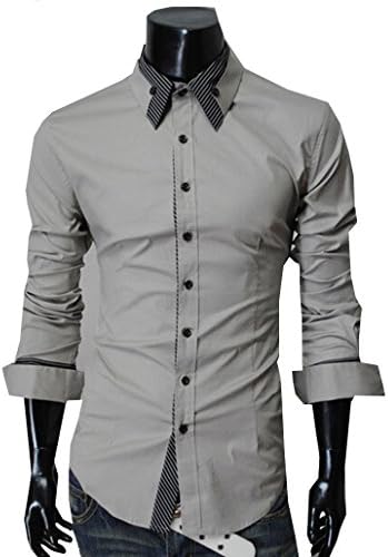 Peryal Men Turn Down Collar Long Sleeve Stripped Slim Fit Bottoming Shirts L Gray
