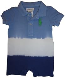 Infant Boy's Ralph Lauren Polo Short Sleeve Baby Rompler Blue and White