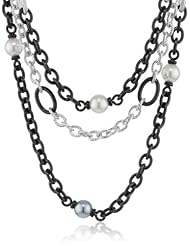 Majorica 10 mm Pearls 3 Row Black and Silver Chain Necklace, 19"