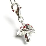 Sterling Silver Red Enamel Mushroom 3d Dangle F/ European Clip On Chain Link Charm Bracelets W/ Lobster Clasp