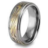 Gold-Plated Mokume Style Tungsten Carbide Ring (8.0mm) - Sizes 7 - 13