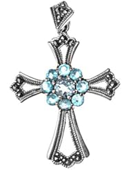 Sterling Silver Aquamarine CZ Marcasite Cross Pendant Charm Pure 925 New 36mm with 2mm Rope Chain