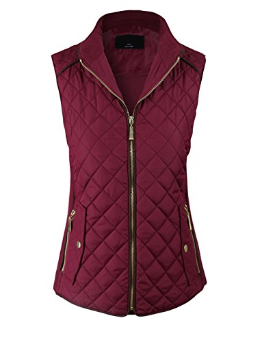 makeitmint Women's Basic Solid Quilted Padding Jacket Vest w/ Pockets Large YJV0002_Burgundy