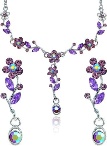 Amethyst Color Crystal Flower Petal Garden Rhinestone Necklace and Earrings Jewelry Set [Bridal Jewelry]