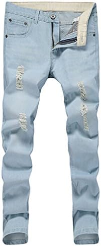 Chantye Men's Slim Fit Straight Leg Jeans Ripped Wash Denim Jeans Light Blue