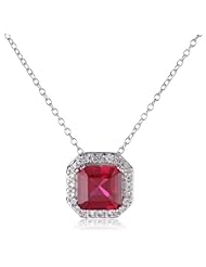 Sterling Silver Created Precious Gemstone and Created White Sapphire Square Pendant Necklace, 18"