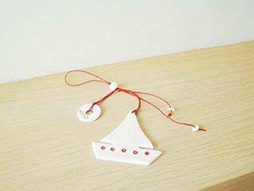 Sailboat Christmas tree ornament, porcelain ornament with red dots and 2015 year charm, Christmas 2015 boat ornament