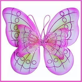  Double Layered Pink & Green Fairy Princess Butterfly Costume Dress-up Wings w/ Jeweled Center