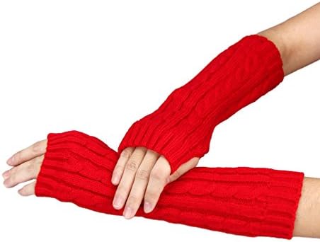 Carlovin Women Lady Girl Knitted Crochet Long Soft gloves Winter Warmer Braided Arm Fingerless Gloves Stretchy Wamer Knitting Thumb Hole Gloves Mittens Winter Hand Warmer Great gift for Xmas, Red