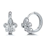 Sterling Silver 925 Cubic Zirconia Fleur de Lis Hoop Earrings 0.5 inch