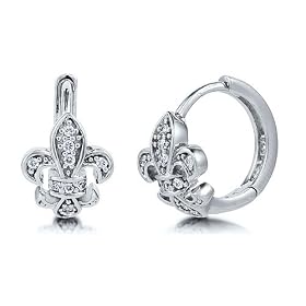 Cubic Zirconia CZ 925 Sterling Silver Fleur de Lis Hoop Earrings 0.5 inch