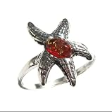 Red Amber and Sterling Silver Sea Starfish Ring