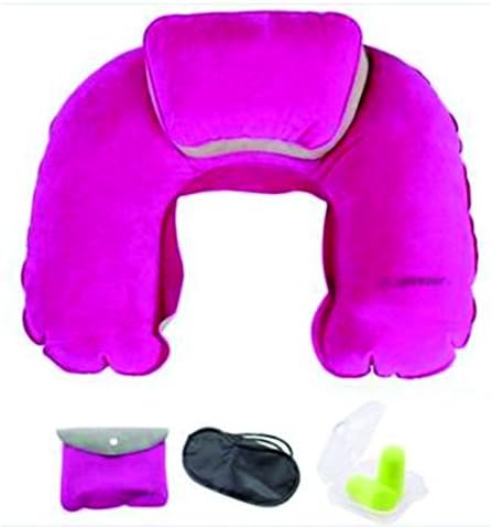4in1 Travel Set Inflatable Neck Air Cushion Pillow+eye mask+2 Ear Plug business trip Flocking Outdoor Office Plane Hotel (PInk)