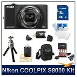 Nikon CoolPix S8000 Digital Camera (Black), 14.2 Megapixel, 10x, 30-300mm Equivalent Zoom, 3 LCD, 16 GB Memory Card, Card Reader, Battery, Deluxe Carrying Case, Tripod, Screen Protectors, and Lens Cleaning Kit