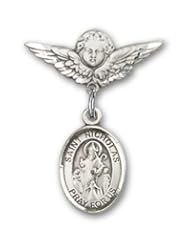Sterling Silver Baby Badge with St. Nicholas Charm and Angel with Wings Badge Pin