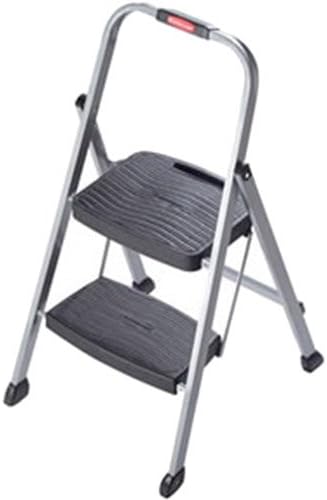 Rubbermaid Folding 2-Step Steel Frame Stool with Hand Grip and Plastic Steps, 200-Pound Capacity, Silver Finish