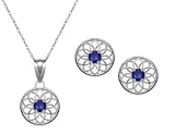 10k White Gold, September Birthstone, Lab Created Sapphire Floral Disc Earring and Pendant Set