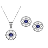 10k White Gold, September Birthstone, Lab Created Sapphire Floral Disc Earring and Pendant Set