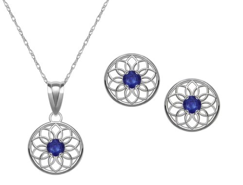 10k White Gold, September Birthstone, Lab Created Sapphire Floral Disc Earring and Pendant Set