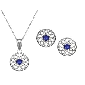10k White Gold, September Birthstone, Lab Created Sapphire Floral Disc Earring and Pendant... by 