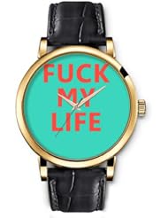 SPRAWL Aanalog Fashion Series Gold Ladies Watches of Genuine Black Leather Strap,Unique Wrist Watch for Women Girls Designed with Fuck my life