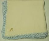 Knitted on Hand Knitting Machine Ivory Cotton Hand Crochet Finished with Blue Chenille Infant Boys Large Blanket Size 32 By 45 Inches with Customer Chosen Ivory Letter Monogram