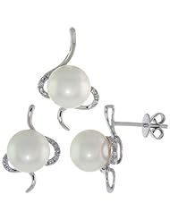 18k White Gold Swirl Pendant on 14k White Gold 18 in. Chain & Dangle Earrings Set, w/ .128 Carat Brilliant Cut Diamonds & 7.5mm White Pearls