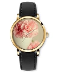SPRAWL Aanalog Fashion Series Gold Ladies Watches of Genuine Black Leather Strap,Unique Wrist Watch for Women Girls Designed with Pink flowers