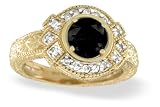 14K Yellow Gold Genuine Round Black Onyx and Diamond Antique Ring