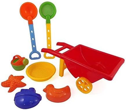 Beach Wheelbarrow Wagon Toy Set for Kids with Sand Shovel &amp; Sifting Pans, playground equipment Preschool Pre-Kindergarten Activity Toy