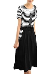Cotton/Polyester Round Neck Striped Print Summer Dolman Elasticized   Waistline  Dress