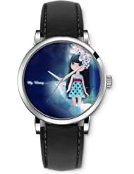 SPRAWL Aanalog Fashion Series Silver Ladies Watches of Genuine Black Leather Strap,Unique Wrist Watch for Women Girls Designed with Girl in blue dress