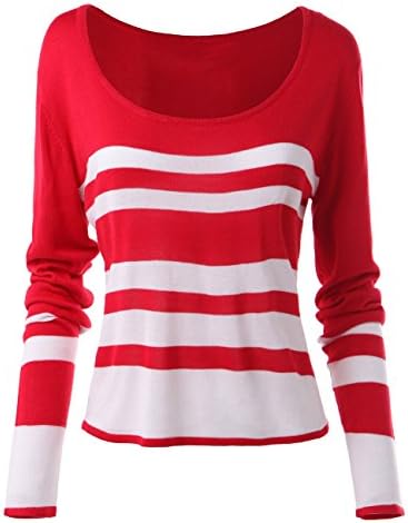 Mosocow Women's Stripe Crew Neck Long Sleeve Crop Tops Sweater Pullover Shirts S Red