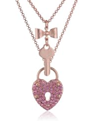 Betsey Johnson "Rose Gold Boost" Pave Heart Lock and Key Necklace, 19"